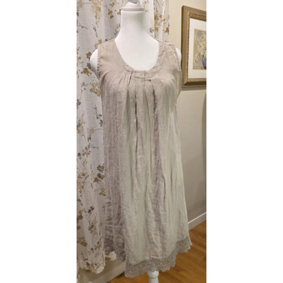 Rosemarne Linen Sheath Dress Medium Crocheted Hem Italian Beige Coastal Casual - Picture 2 of 9